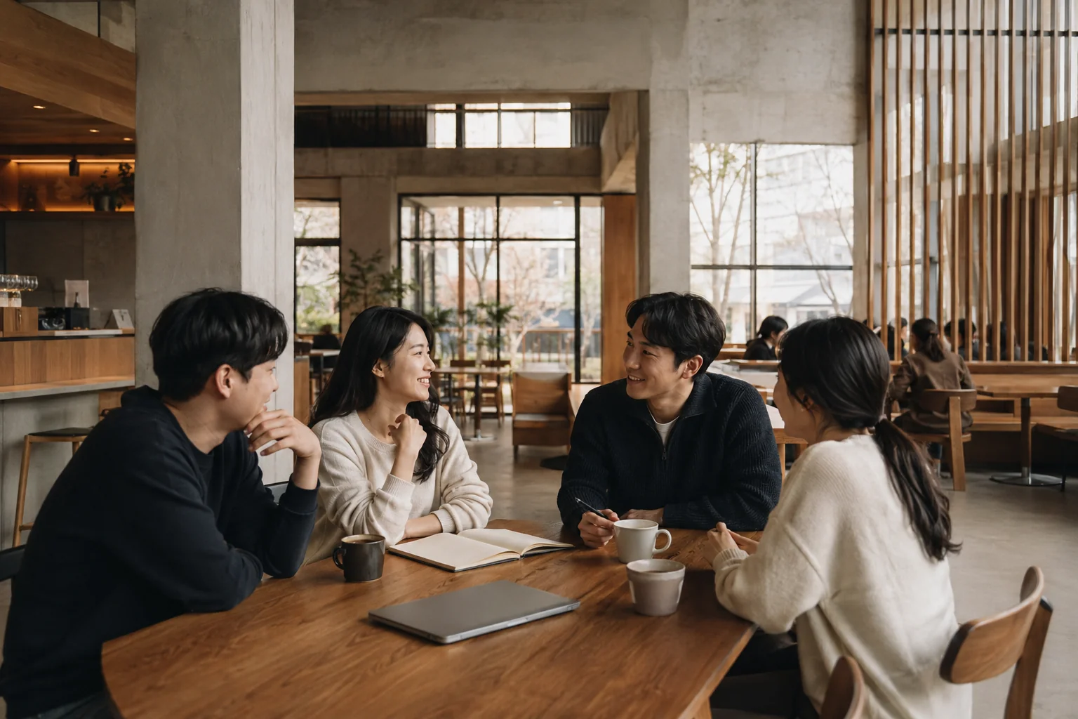 카페 테이블에 둘러앉아 편안하게 대화하는 네 사람